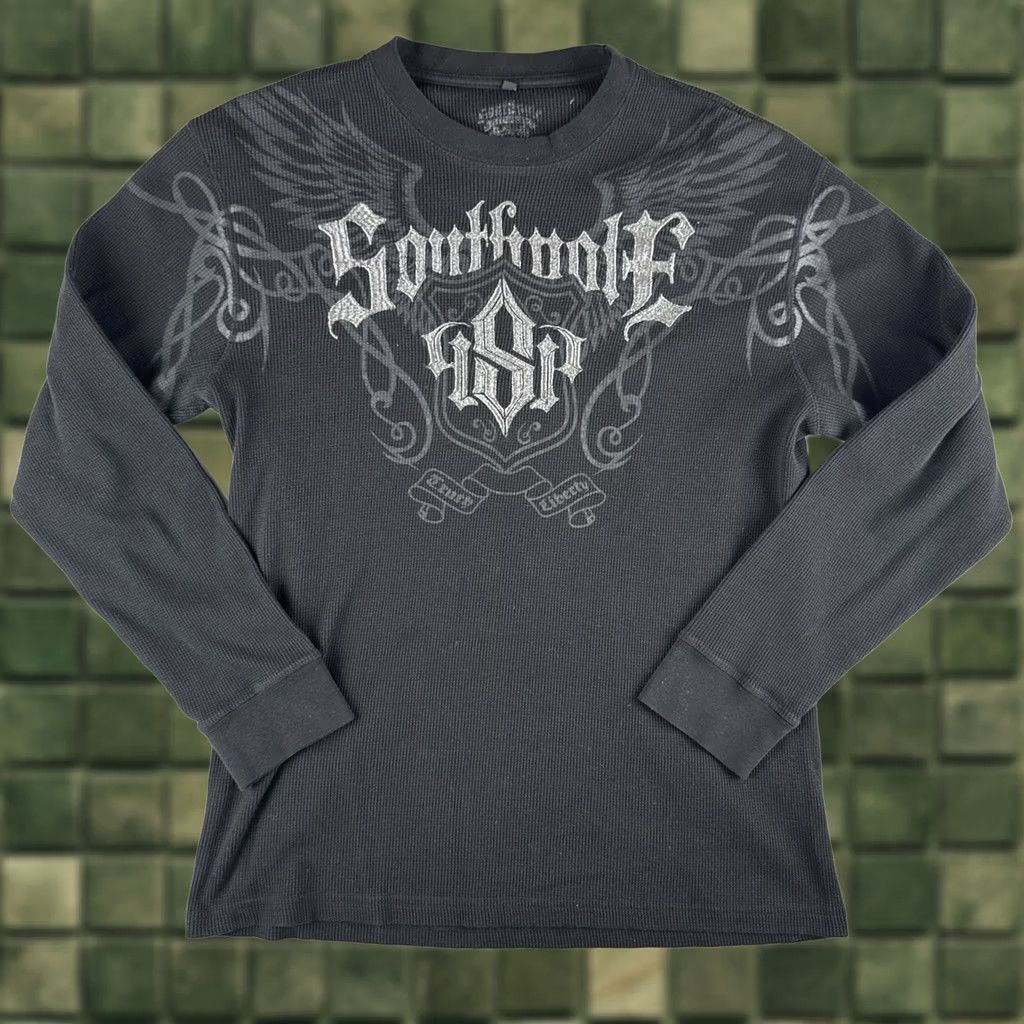 VINTAGE Y2K Southpole Thermal Shirt Mens L Black Long Sleeve Logo Embroidered Gothic Hip Hop Streetwear Grunge