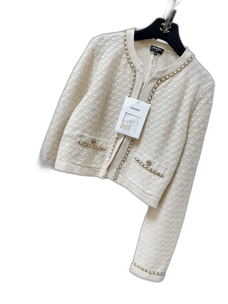 Chanel Chanel Cream Knit Cardigan with Chain Trim Size XL / US 12-14 / IT 48-50 - 1 Thumbnail