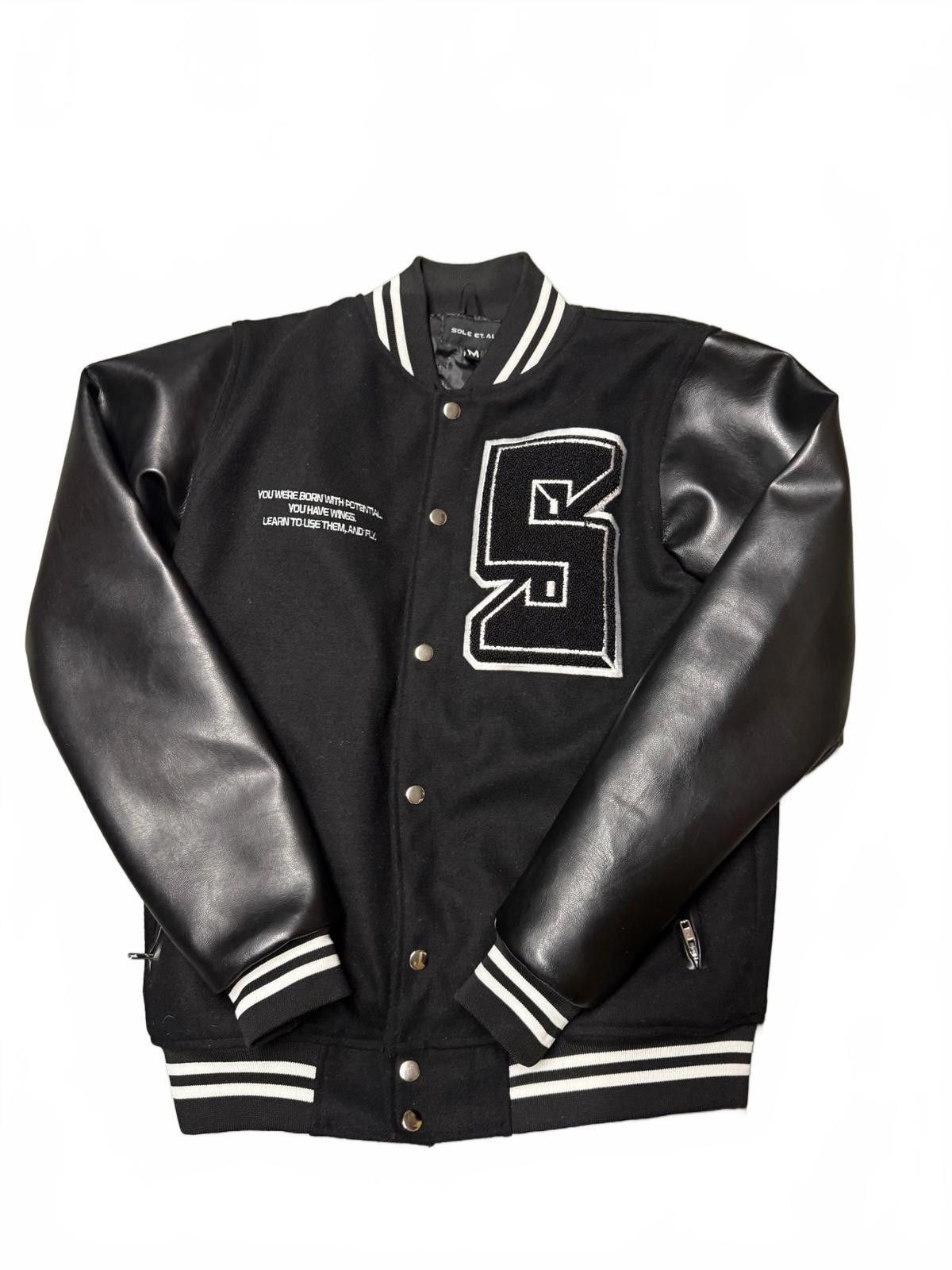 Designer Stylish Black Varsity Jacket with Leather Sleeves Size US M / EU 48-50 / 2 - 1 Thumbnail