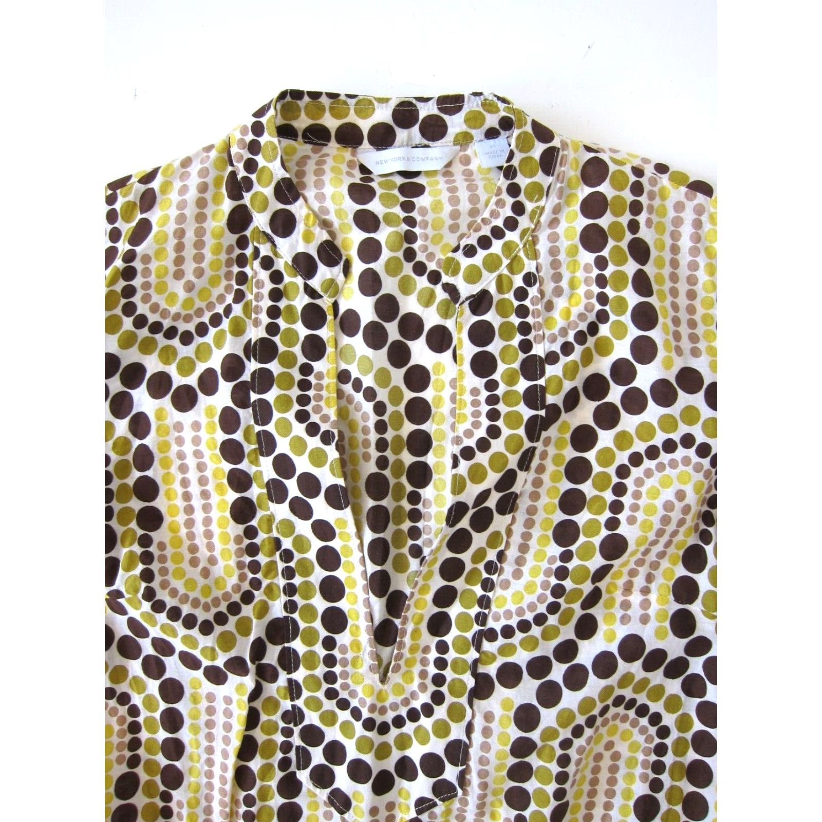 Vintage New York & Company Blouse XS V-Neck 3/4 Sleeve Polka Dot Tunic Shirt Womens Yellow Brown 100% Cotton Size XS / US 0-2 / IT 36-38 - 5 Thumbnail