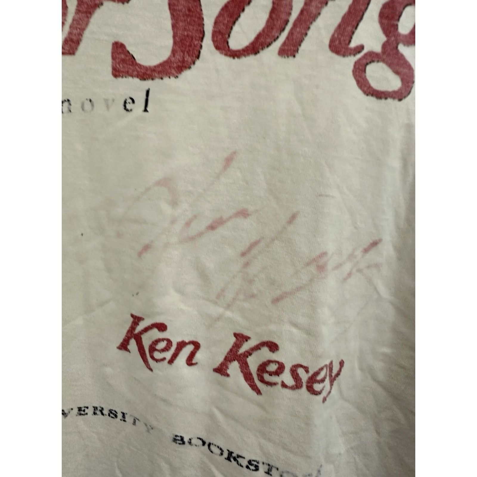 Vintage VTG Sailors Song Ken Kesey Signed T-Shirt Distressed Cream L Mens XP? Size US XL / EU 56 / 4 - 7 Thumbnail
