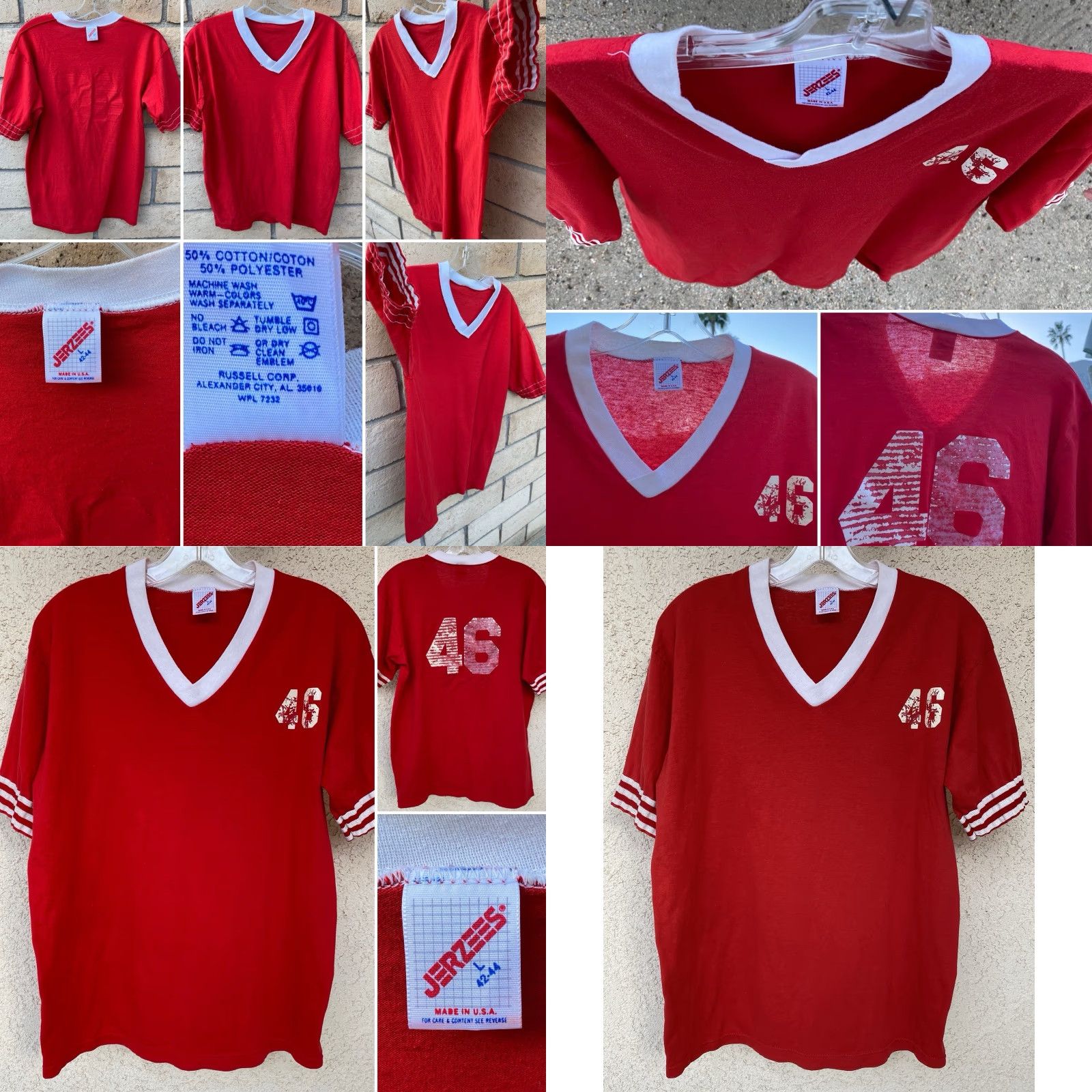 Jerzees VINTAGE Jerzees Red V-Neck Athletic Jersey Shirt Mens L Striped Sleeves 46 T-Shirt Size US L / EU 52-54 / 3 - 11 Thumbnail