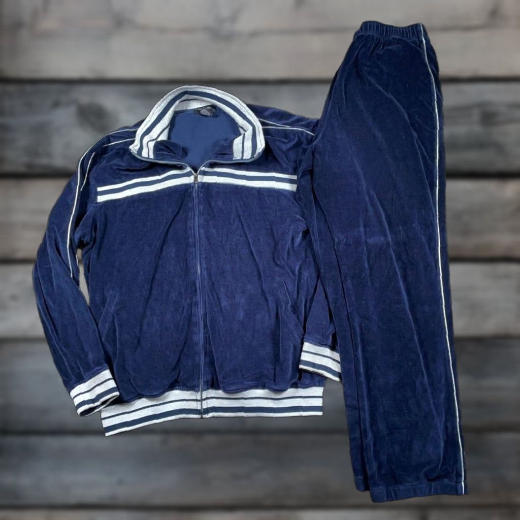 Velour VINTAGE Velour Tracksuit Jacket & Pants Men XL Dark Blue Silver Piping 90s Hip Hop Set Size 46R - 1 Thumbnail