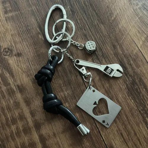 Jewelry Black Leather Knot Keychain with Metal Wrench & Dice Charms Size ONE SIZE - 4 Thumbnail