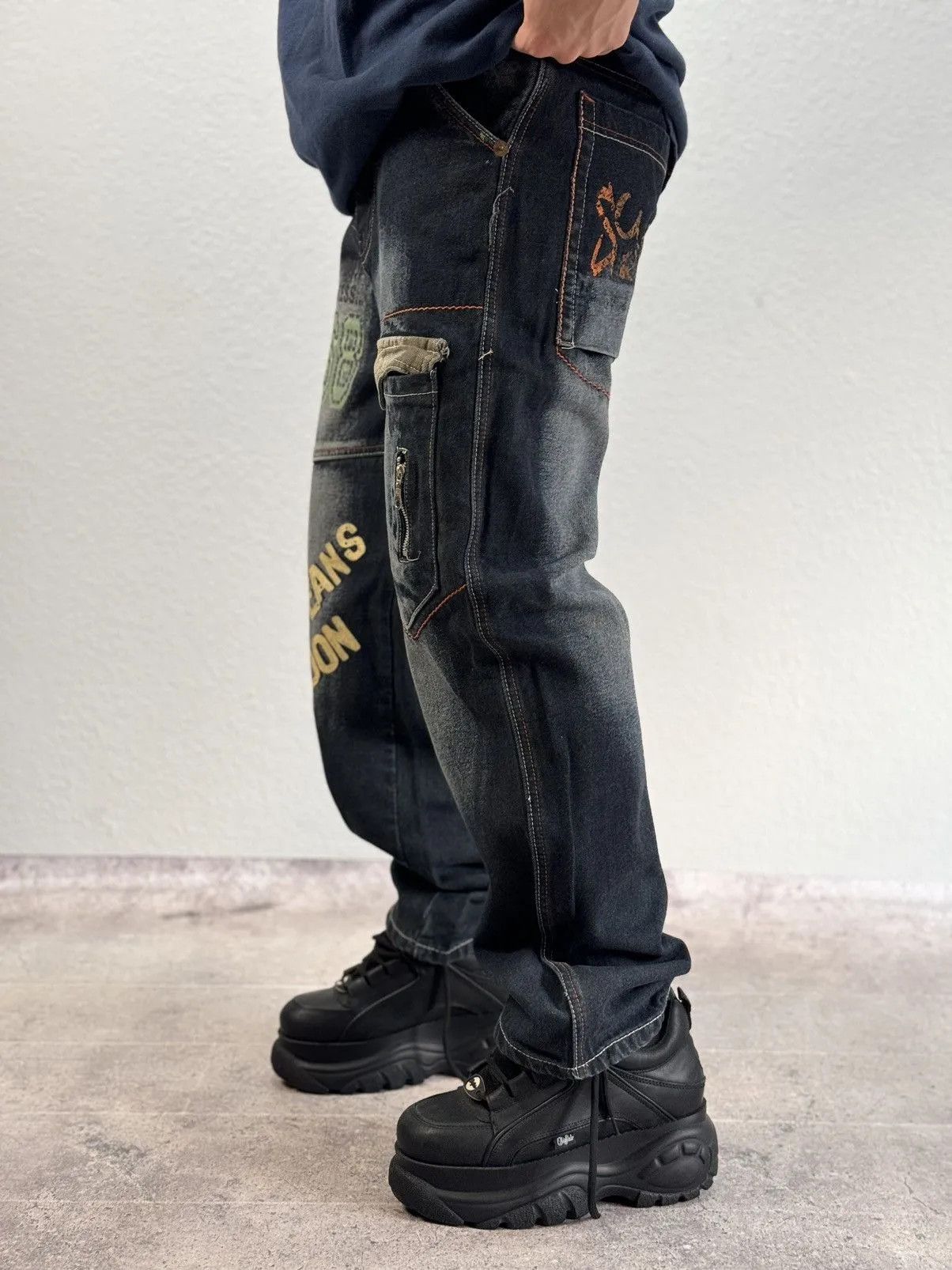 Ed Hardy VINTAGE Y2K RAW BLUE BAGGY CYBER WING DENIM SEQUIN JEANS 36 Size US 31 - 5 Thumbnail