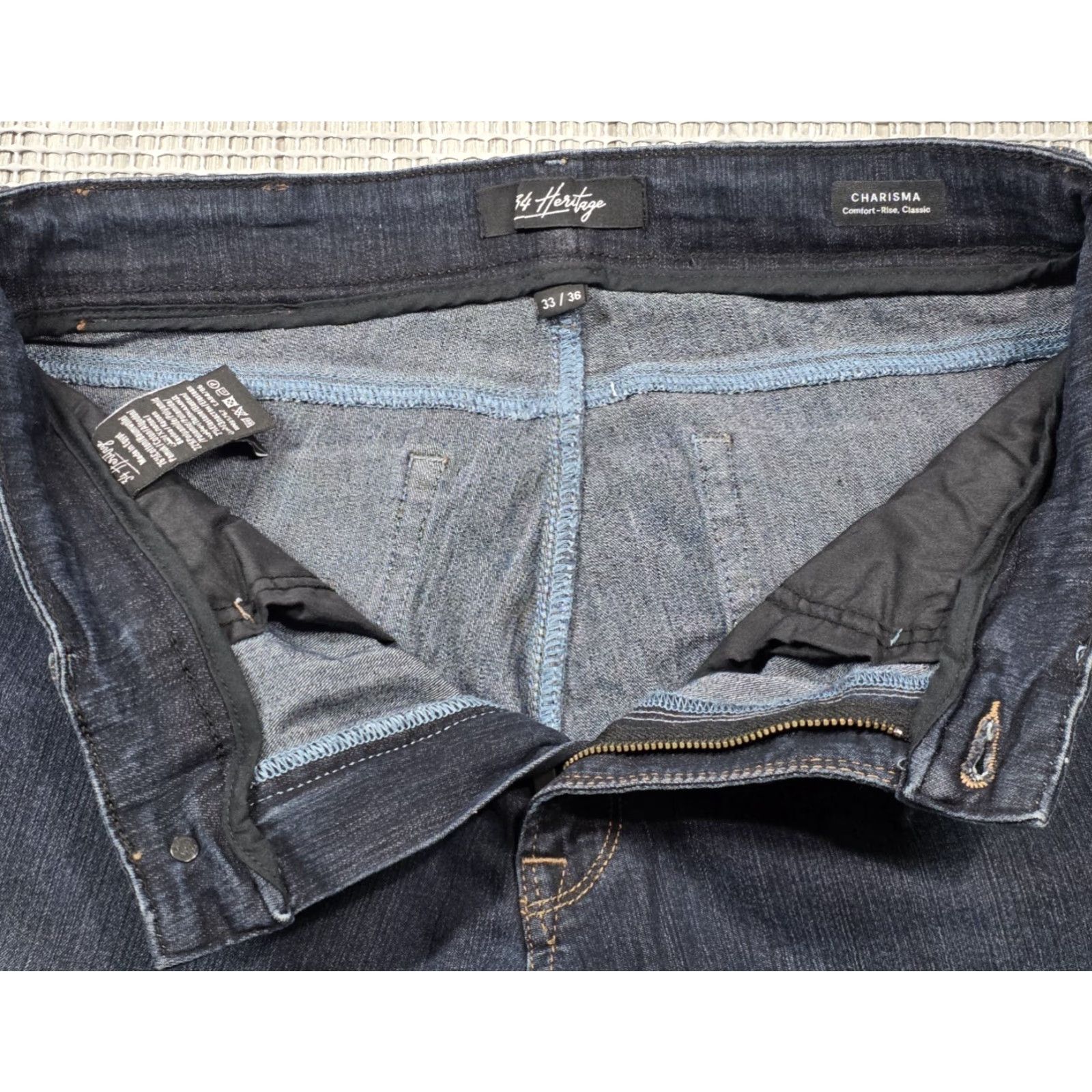 34 Heritage Jeans Mens 34x36 Denim Blue Charisma Comfort-Rise Stretch Dark Wash Jeans City Logo Preppy 90s Mens