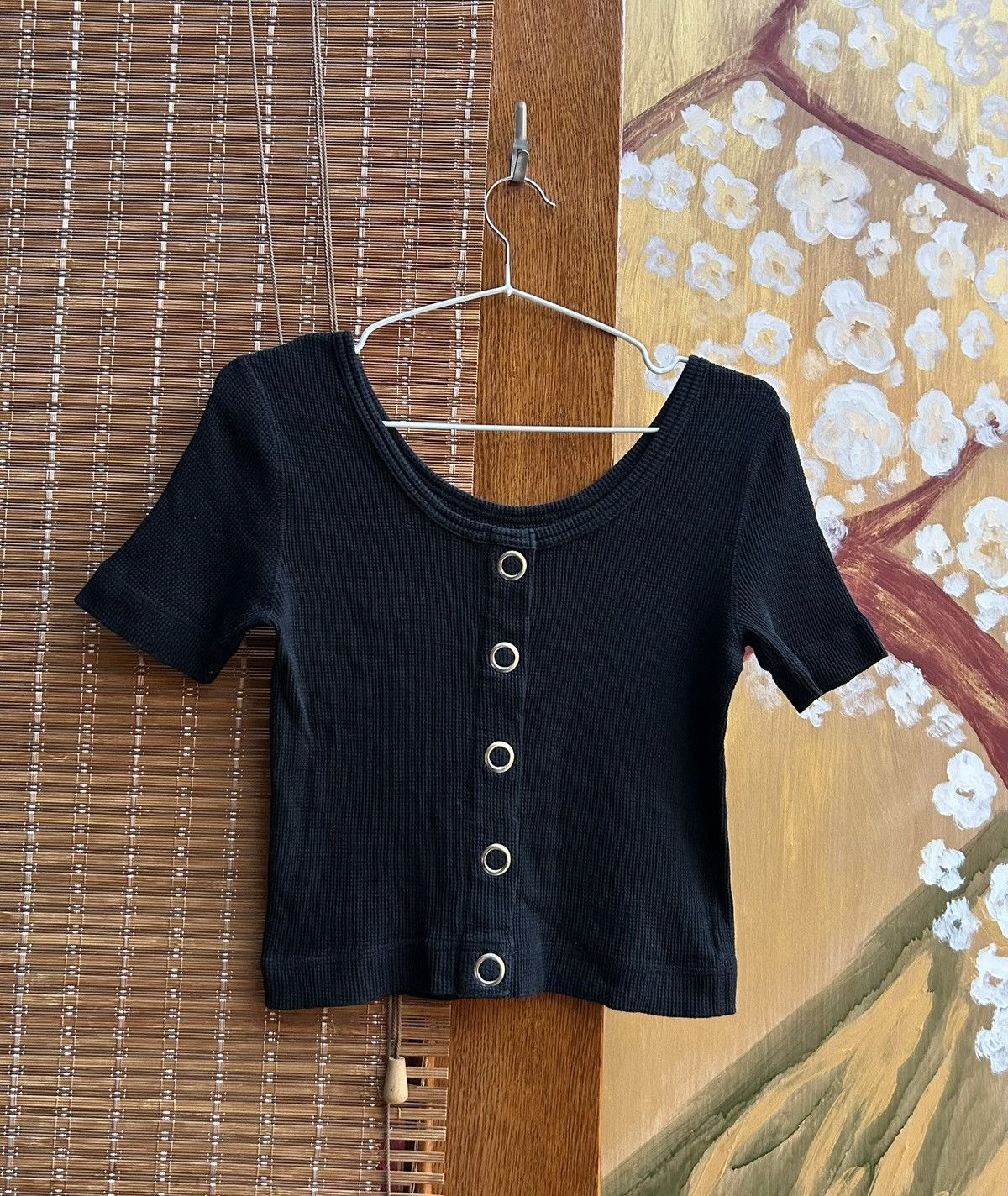 Beams Japan Ray Beams Waffle Knit Scoop Neck Black Cropped Top OS Size ONE SIZE - 1 Thumbnail
