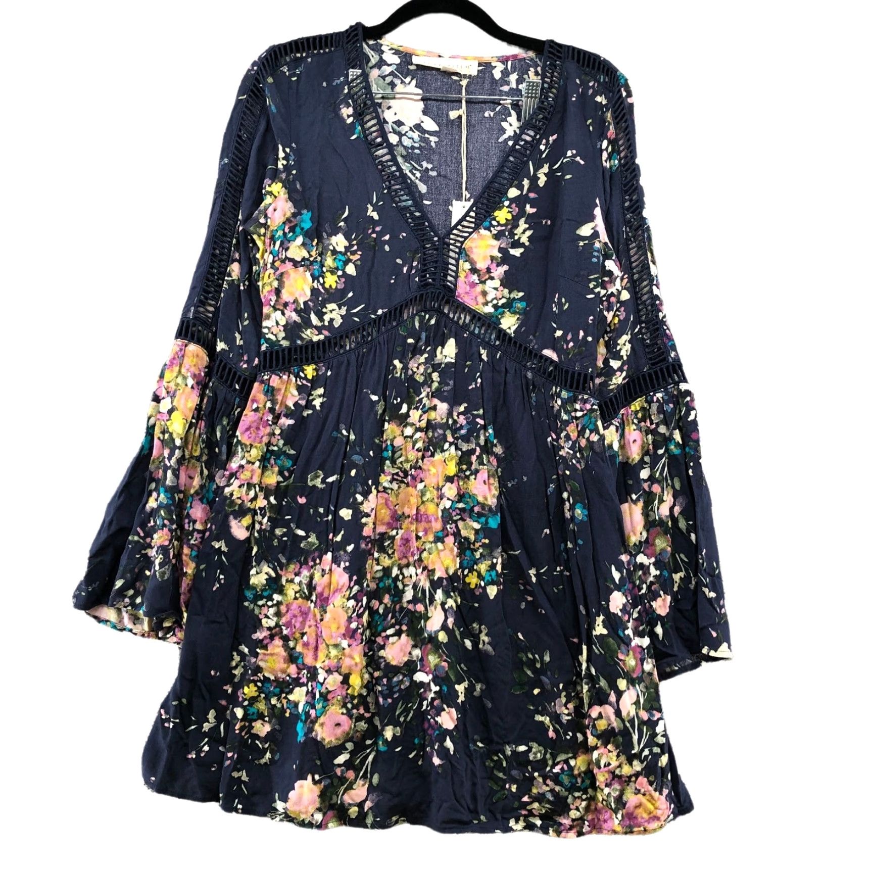 Bell Lovestitch Dress Bell Sleeve Floral Blue V-Neck A-Line Mini S Boho Bohemian Womens Size S Size S / US 4 / IT 40 - 2 Thumbnail