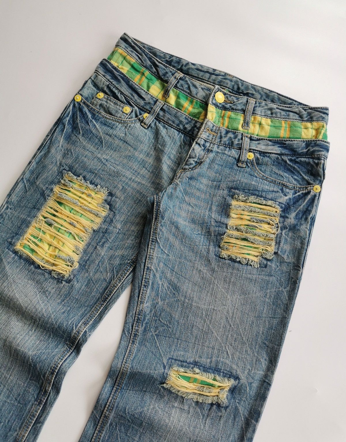 Japanese Brand Double Waist Patchwork Green Denim Jeans Size US 32 / EU 48 - 4 Thumbnail