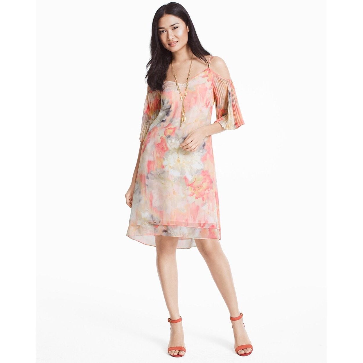 White House Black Market WHBM | Cold Shoulder Pleat Sleeve Watercolor Print Dress Size XS / US 0-2 / IT 36-38 - 1 Thumbnail