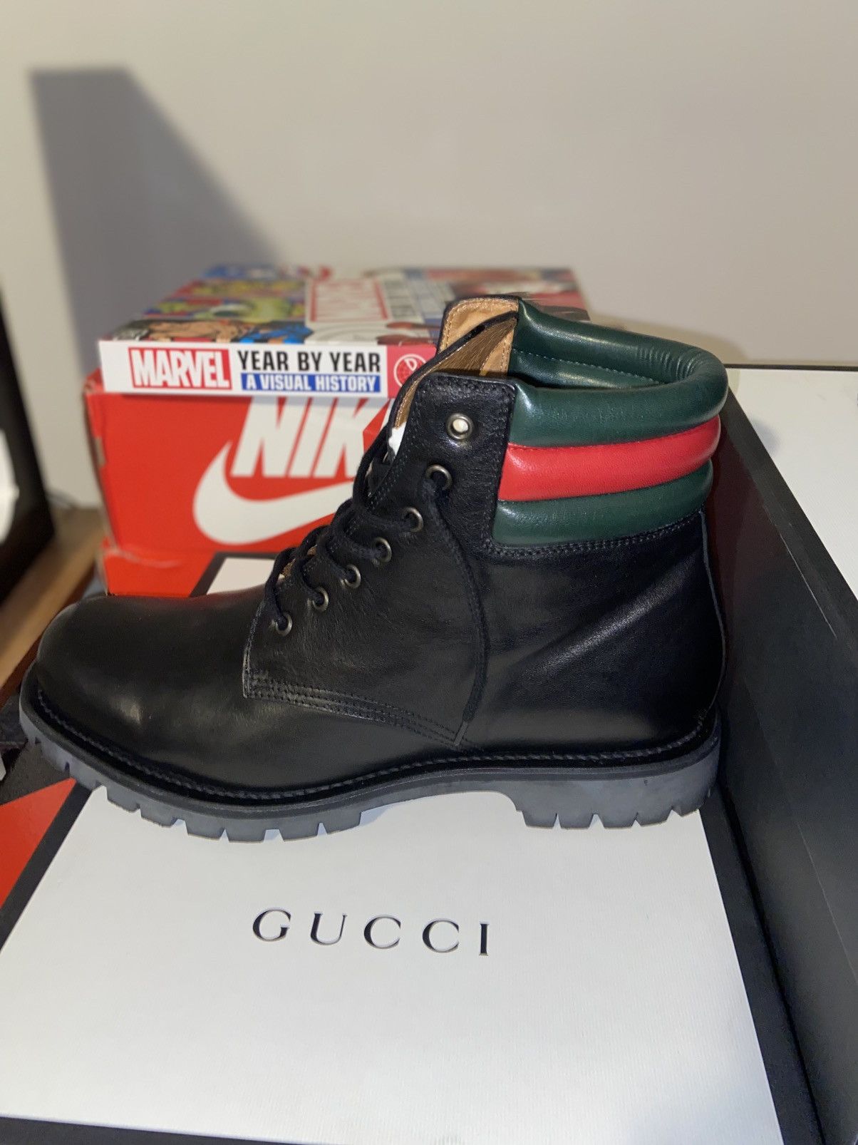Gucci Gucci Black Leather Hiking Boots (Web Stripe Collar) Size US 11 / EU 44 - 7 Thumbnail