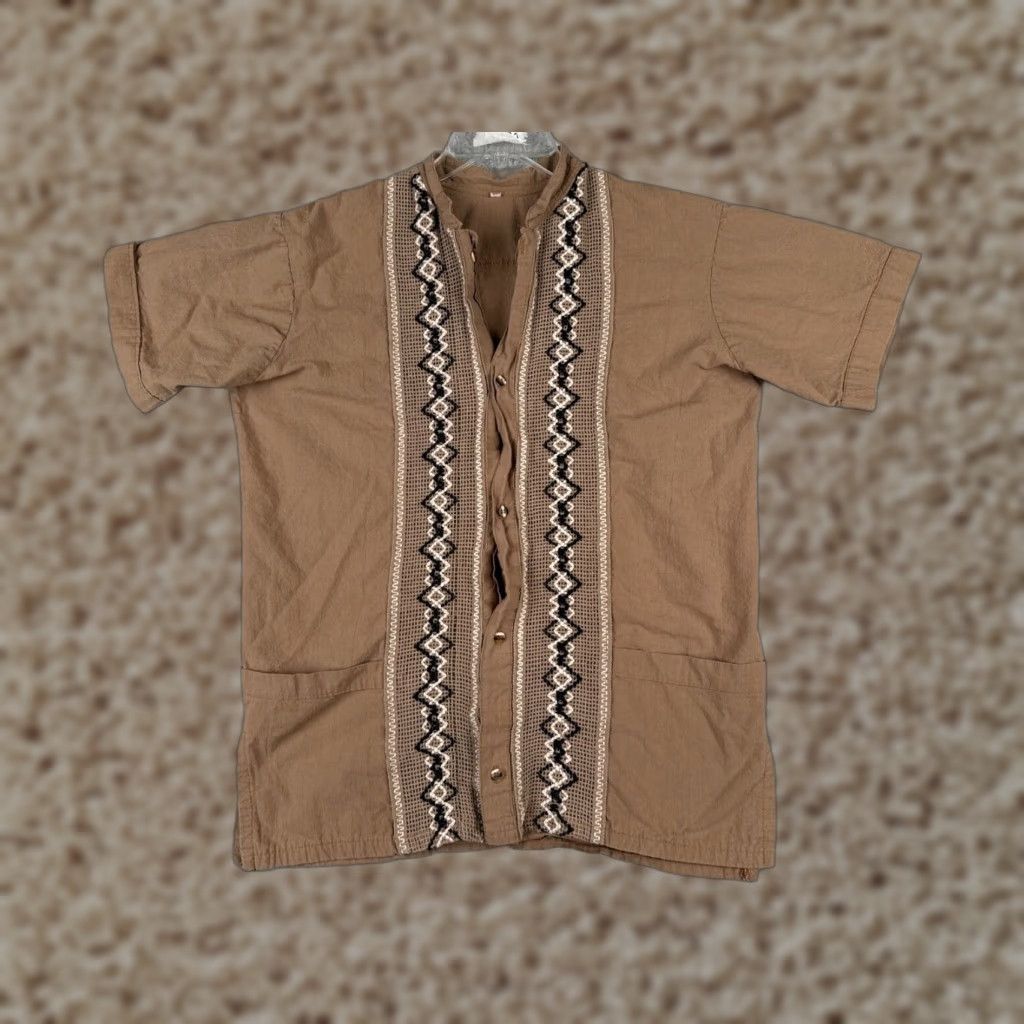 Vintage Shirt Men Medium Brown Button Up Maderin Collar Short Sleeve Island Living Beach Size US M / EU 48-50 / 2 - 1 Thumbnail