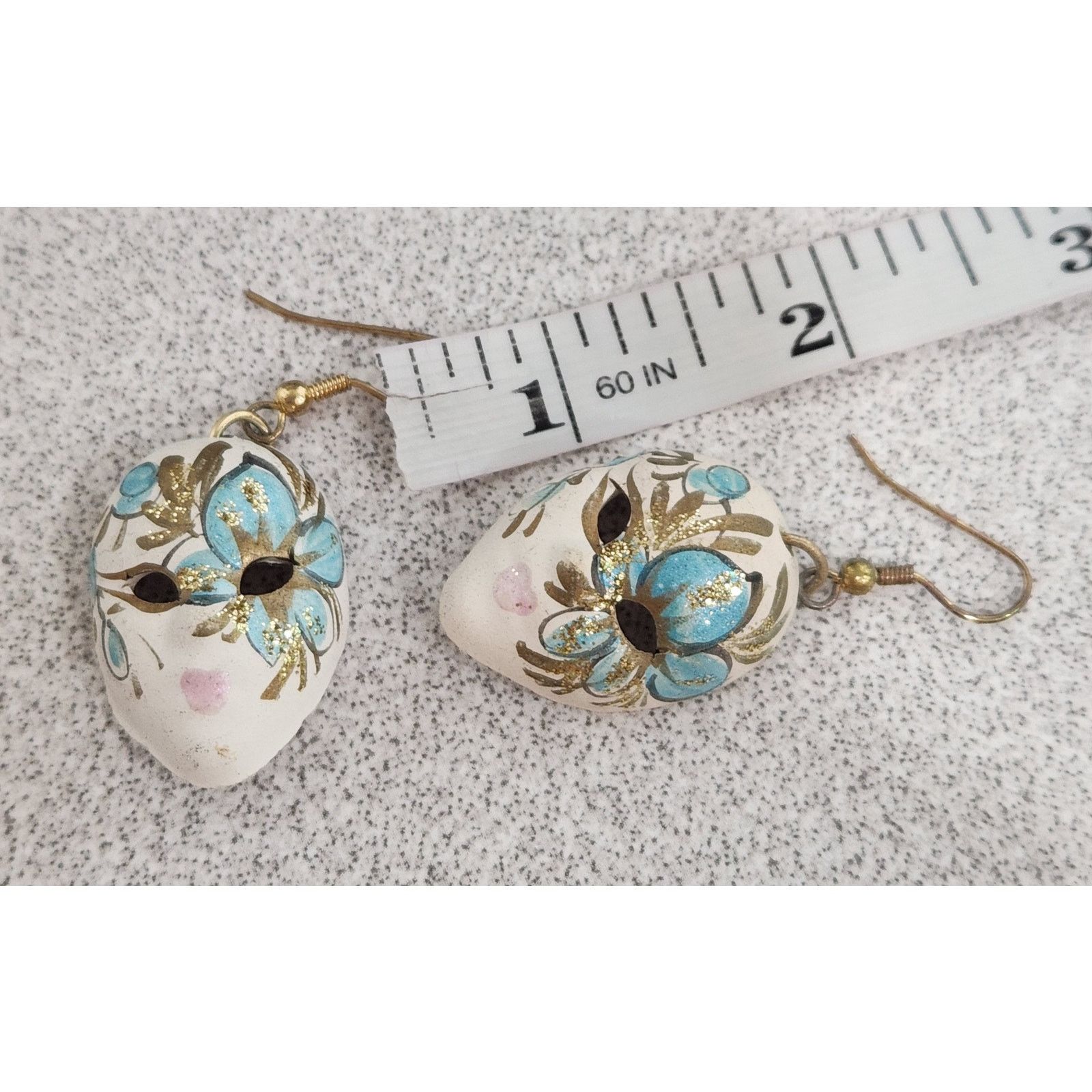 Other Ceramic Blue Gold Hand Painted Face Mask Dangle Earrings 2.5 Size ONE SIZE - 3 Thumbnail