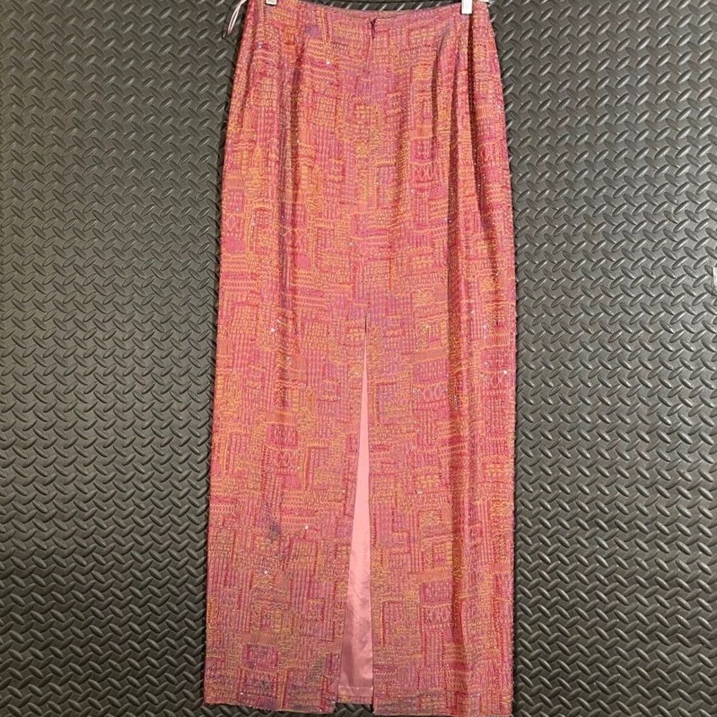 Vintage Carmen Marc Valvo Pink Beaded Maxi Skirt Geometric Embroidered Silk Blend Sz 10 Tall Streetwear? Size 32" / US 10 / IT 46 - 4 Thumbnail