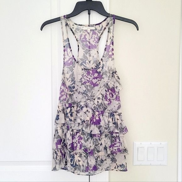 image of Anthropologie NWOT Eliot Sheer Silk Floral Ruffle Racerback Tank in Cream/Gray/Purple, Women's (Siz