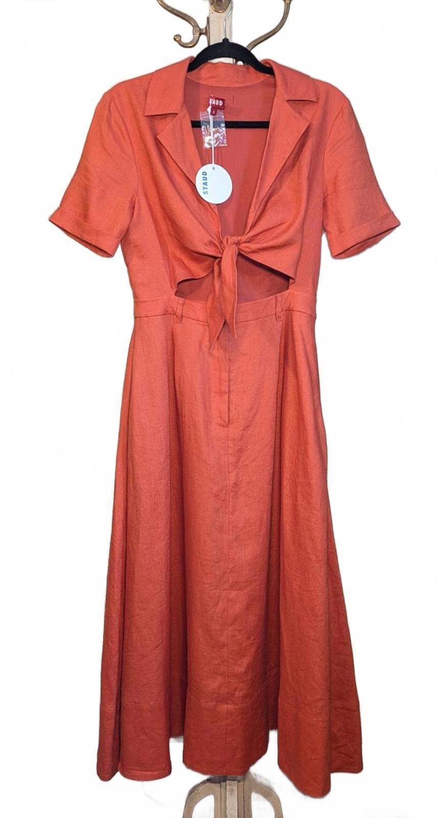 Staud NWT STAUD Linen Tie Front Short Sleeve Orange Midi Dress 6 Size M / US 6-8 / IT 42-44 - 1 Thumbnail