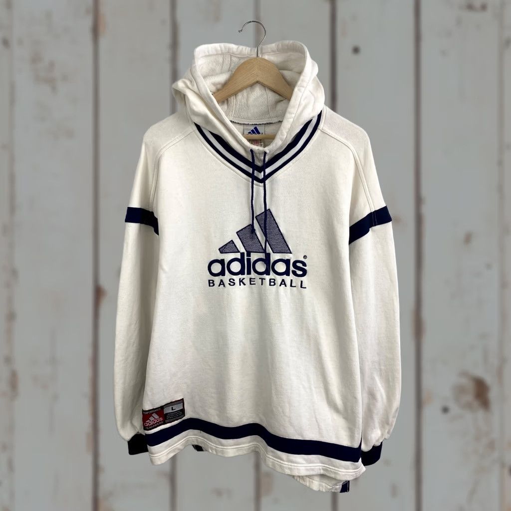 Adidas VINTAGE Adidas Basketball Hoodie Mens L White 90s 90s Basketball Hoodie Retro Rare Y2K Comfort Pullover Shirt Size US L / EU 52-54 / 3 - 1 Thumbnail