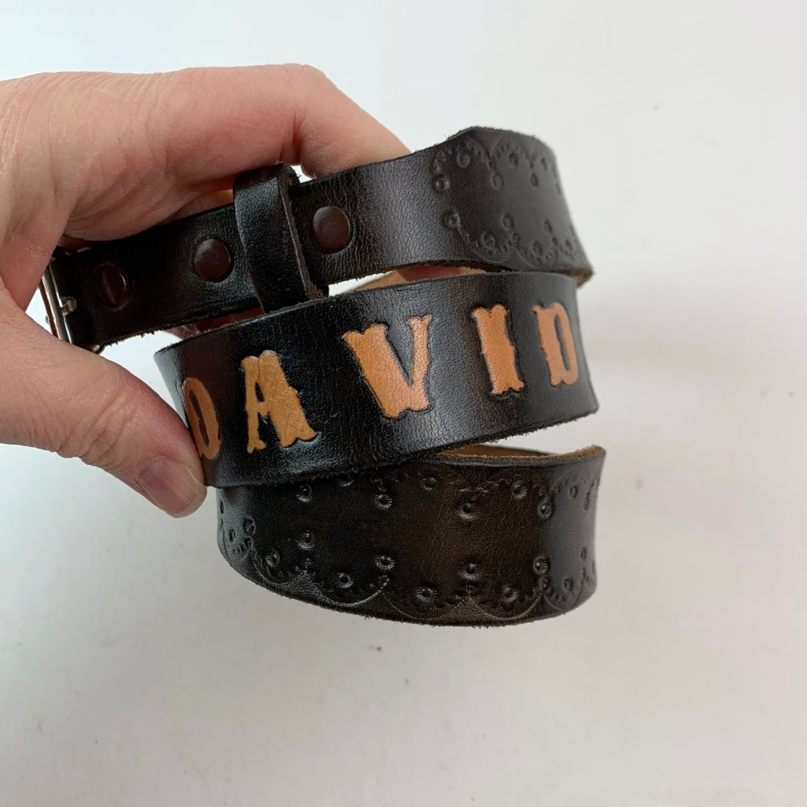 Vintage VINTAGE Leather Belt 34 Dark Brown Mens Size 34 Embossed DAVID Personalized 1.25" Size 34 - 2 Thumbnail