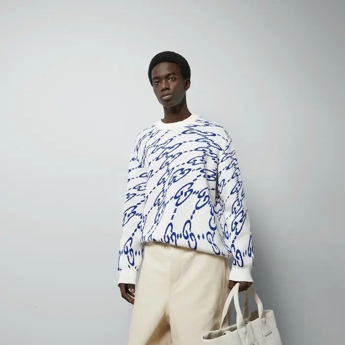 Gucci o1s1wg111025 Wavy GG Cotton Sweater in White & Blue Size US S / EU 44-46 / 1 - 5 Thumbnail