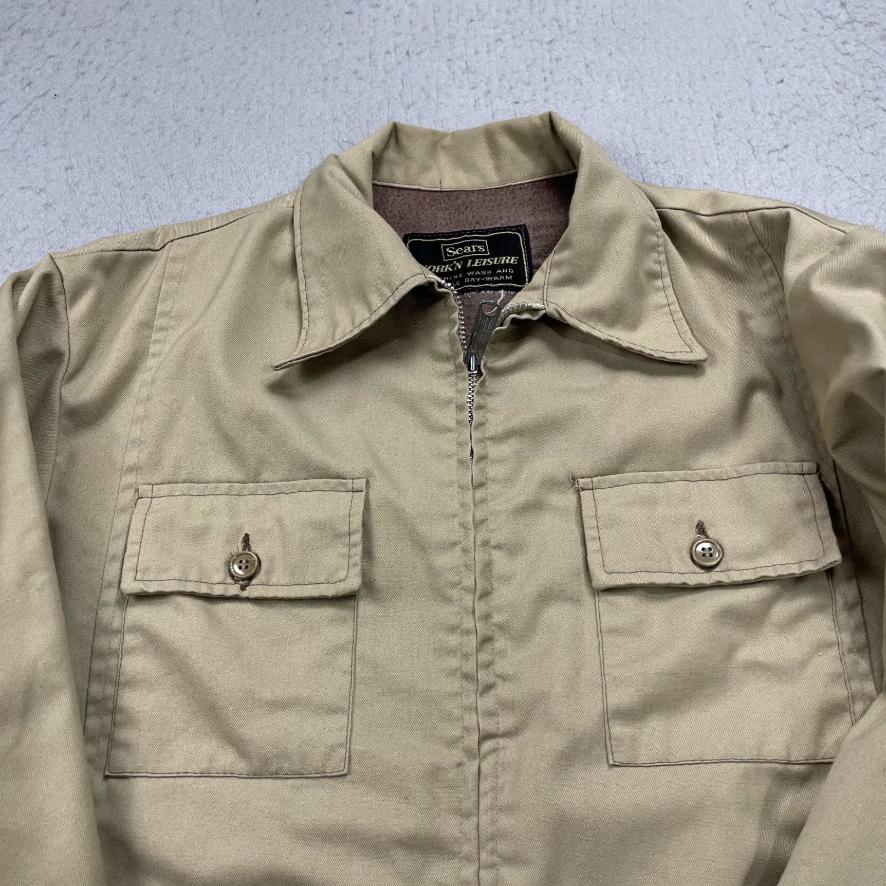 Sears VINTAGE Sears Jacket Mens L Beige Bomber Zip 70s Full Zip Zipper Cotton Blend Regular Coat Style Jeans? Size US L / EU 52-54 / 3 - 2 Thumbnail