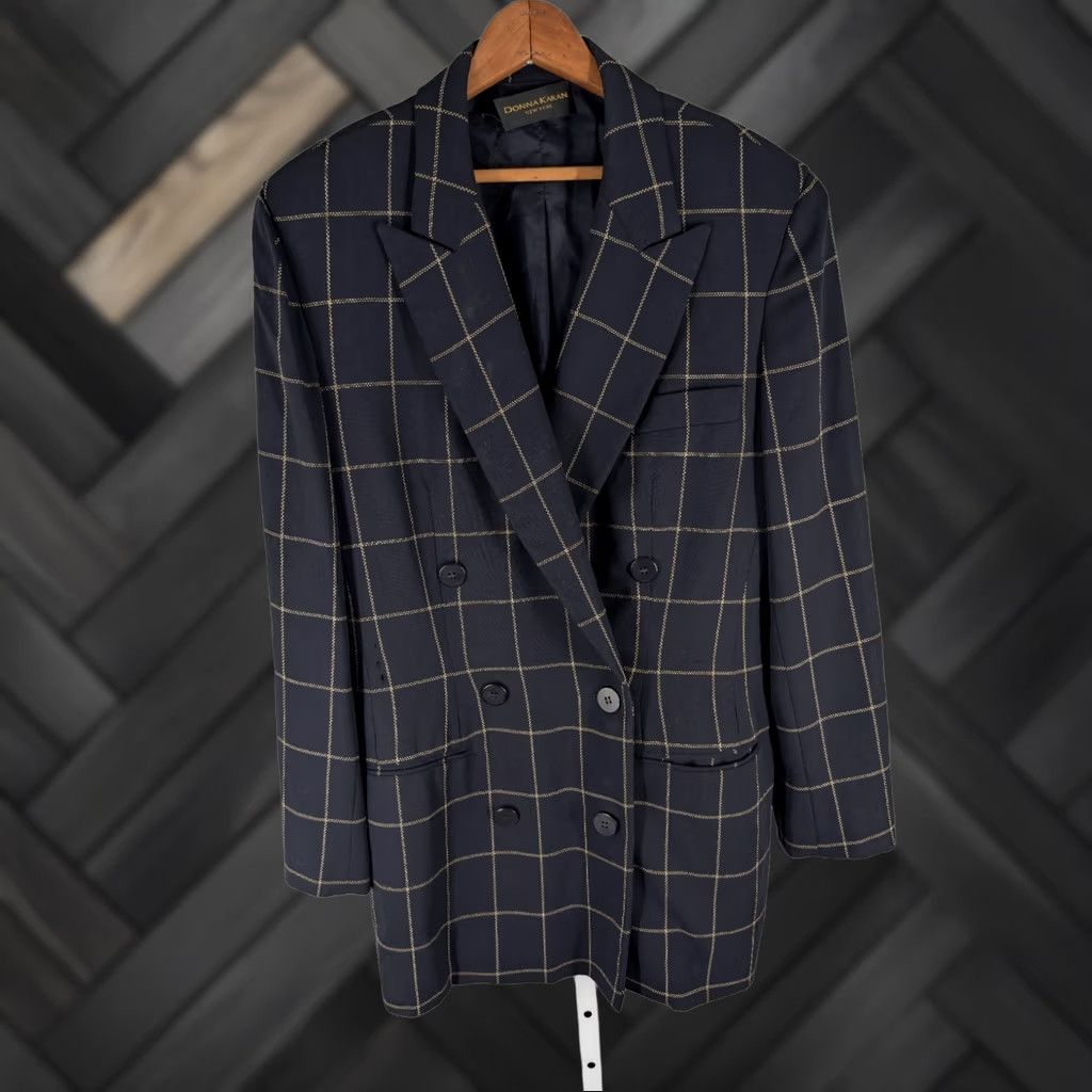 Donna Karan VINTAGE Donna Karan New York Blazer Navy Wool Windowpane Union ILGWU 80s 90s Longline Double Breasted Women’s Size 12 Size XL / US 12-14 / IT 48-50 - 1 Thumbnail