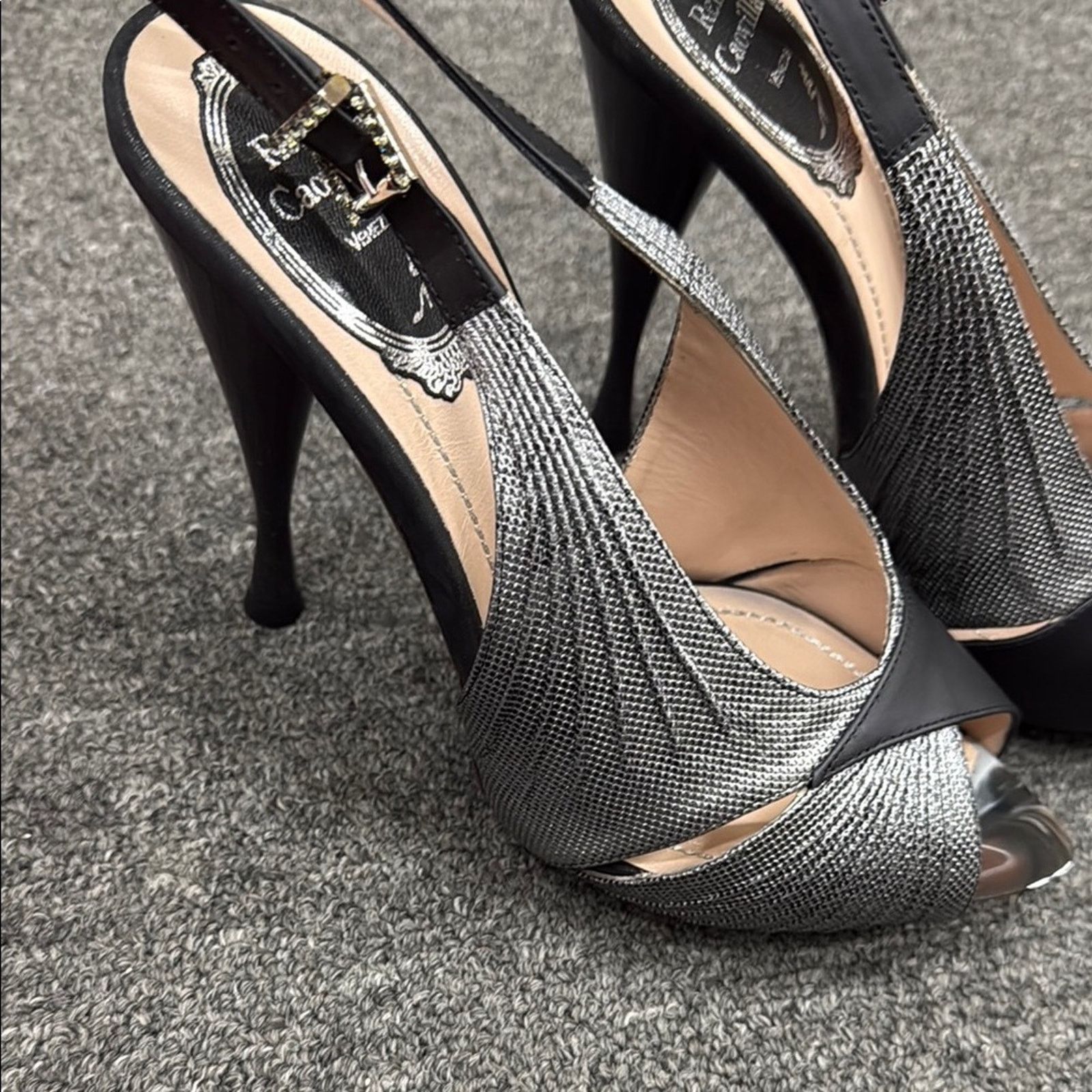 Rene Caovilla NWT Rene Caovilla Black Silver Peep Toe Heels Size 37 US 7 Size US 7 / IT 37 - 3 Thumbnail