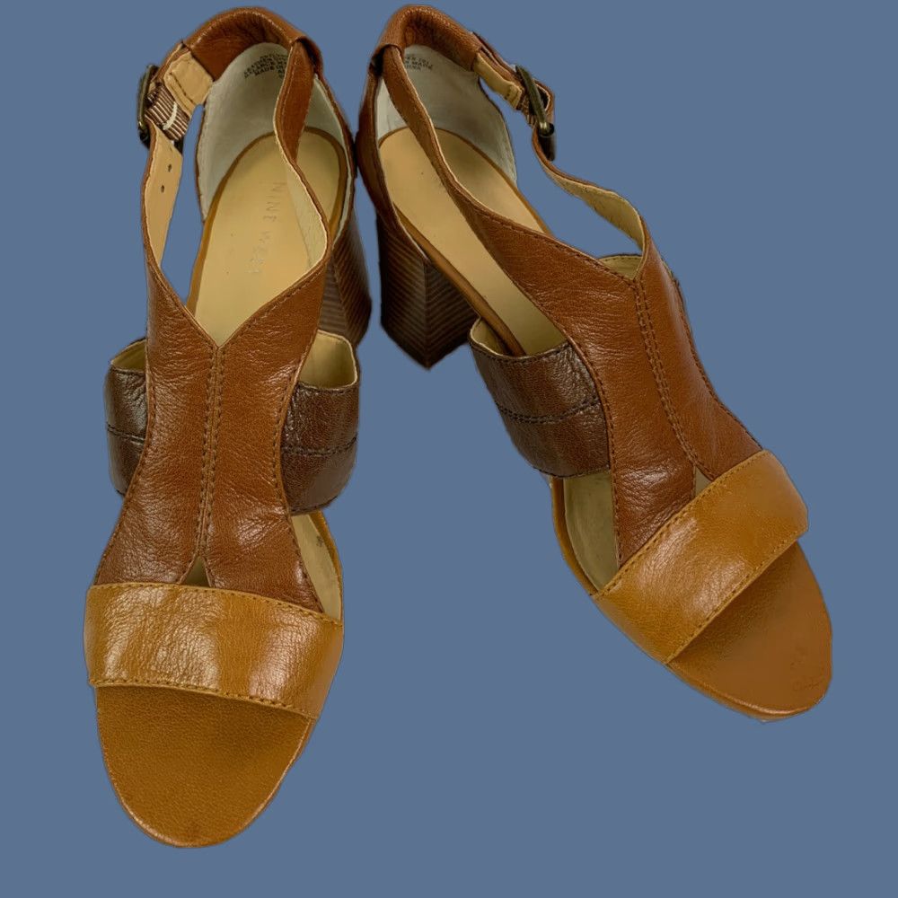 Nine West VINTAGE Nine West 9M 3" Chunk Heel Sandal Brown Two Tone Ankle Strap Women's 7LYNN - good condition, lightly worn Size US 9 / IT 39 - 1 Thumbnail