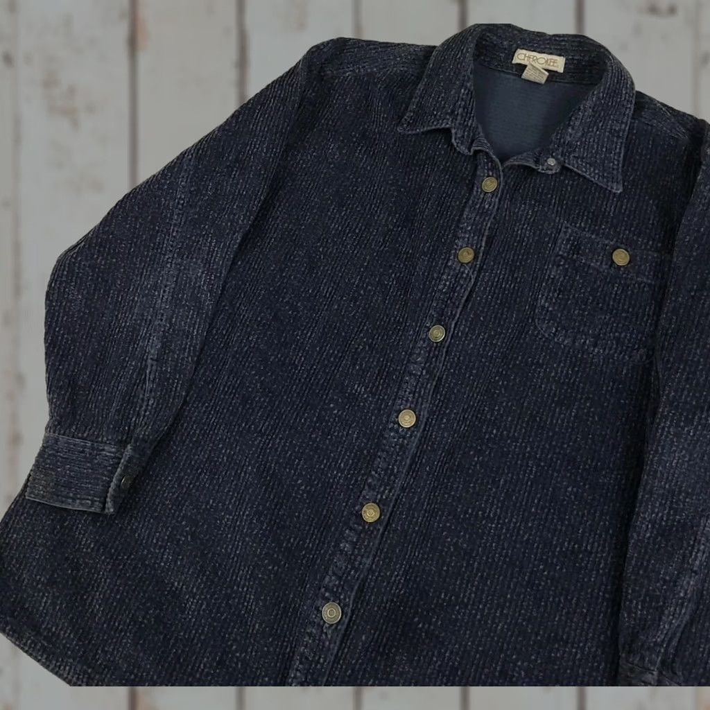 Cherokee VINTAGE Cherokee Dark Blue Corduroy Shirt Jacket Metal Buttons USA XL Womens Button-Up Jacket Size XL / US 12-14 / IT 48-50 - 1 Thumbnail