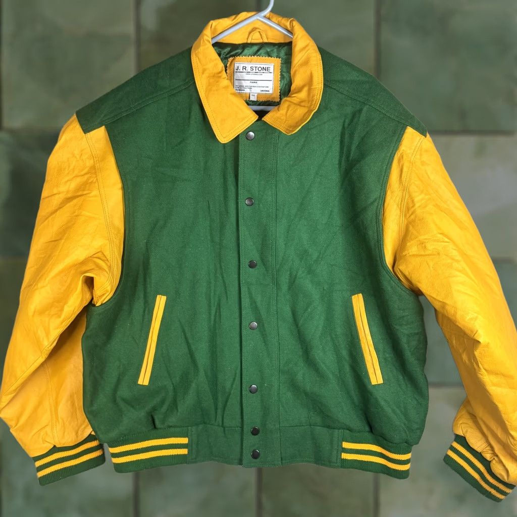 Vintage J.R. Stone Jacket Mens 2XL Green Yellow Wool Varsity Snap Lined Sports College Jacket Size US XXL / EU 58 / 5 - 1 Thumbnail
