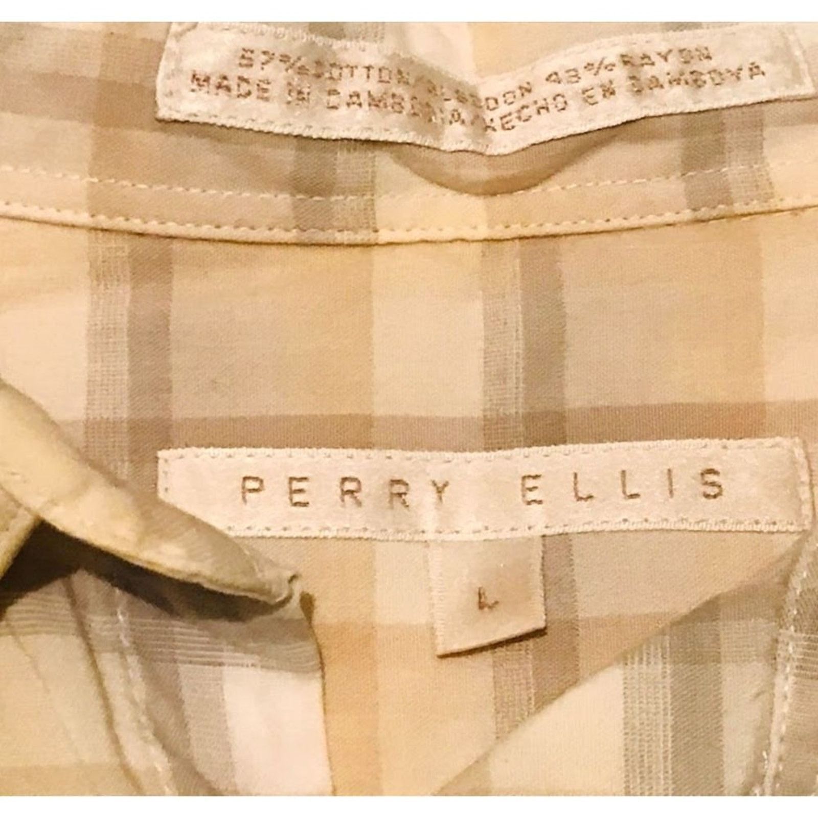 Perry Ellis Vintage Perry Ellis Men`s Shirt Beige Cream Plaid Short L Size US L / EU 52-54 / 3 - 4 Thumbnail