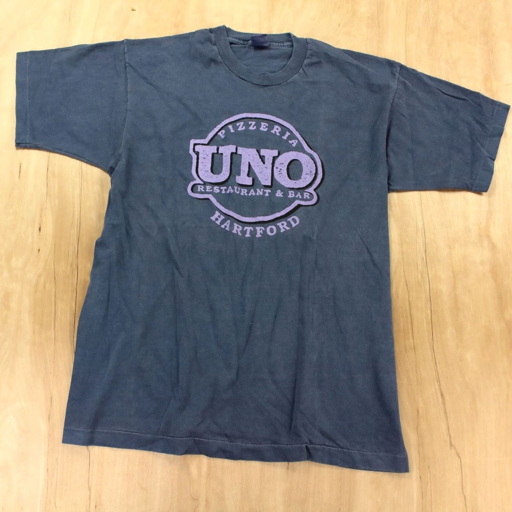 Fruit Of The Loom VINTAGE Fruit of the Loom T-Shirt Hartford CT Pizzeria Uno 90s USA Single Stitch Blue XL Mens Short Sleeve Crew Neck Cotton, Deadstock NWOT, CT CT Size US XL / EU 56 / 4 - 2 Thumbnail