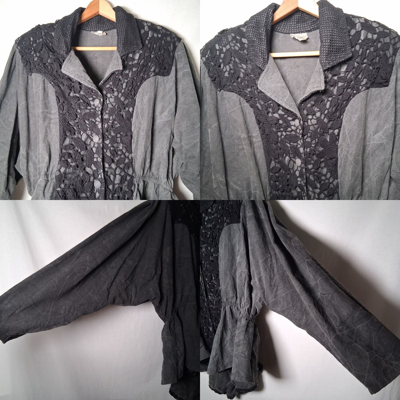 Vintage VINTAGE LIM'S Jacket Women's Crochet Beaded Crane Bird 90s Art To Wear Gray Black Short 32.5" Long Size L / US 10 / IT 46 - 8 Thumbnail