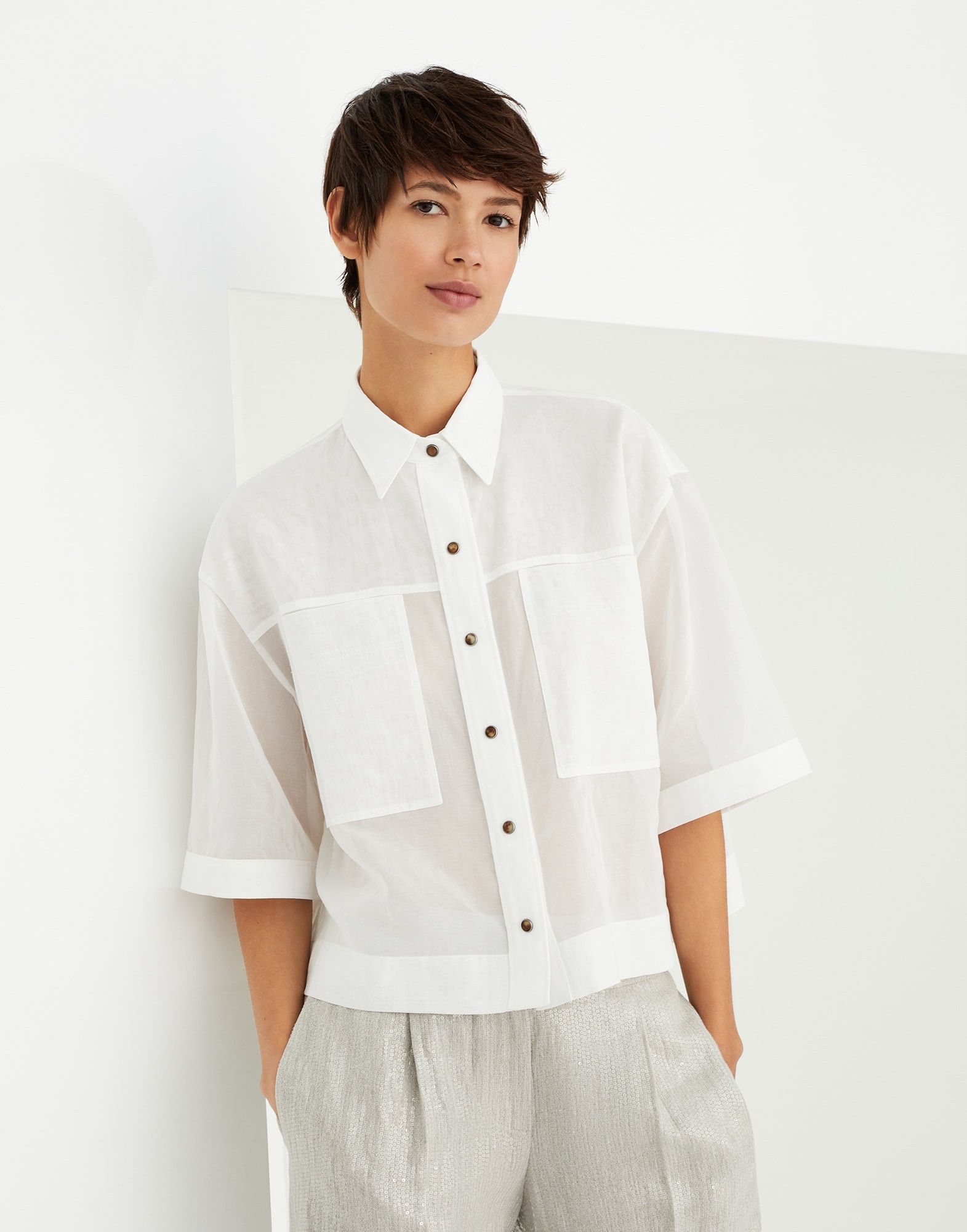 Brunello Cucinelli o1w1db10825 Blouse in White Size L / US 10 / IT 46 - 1 Thumbnail