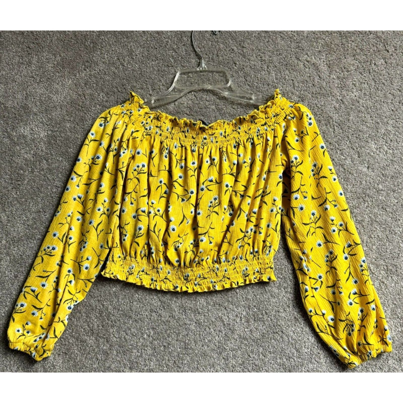 H&M H&M Divided Cropped Top Women M Floral Boho Cottagecore Peasant Smocked Off Shoulder Long Sleeve Yellow Cropped Blouse Size M / US 6-8 / IT 42-44 - 5 Thumbnail