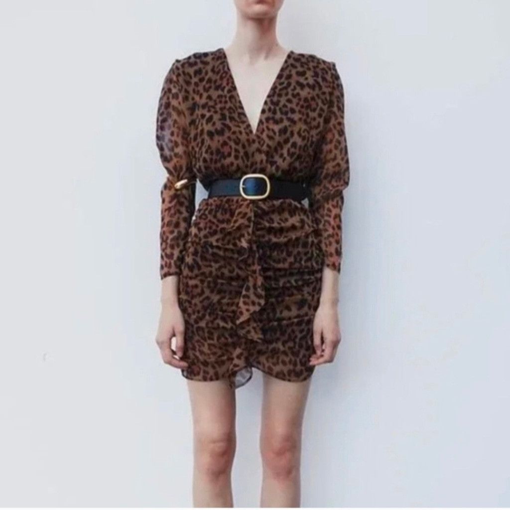 Zara Leopard Print ruching And Ruffled Long Sleeve Dress med