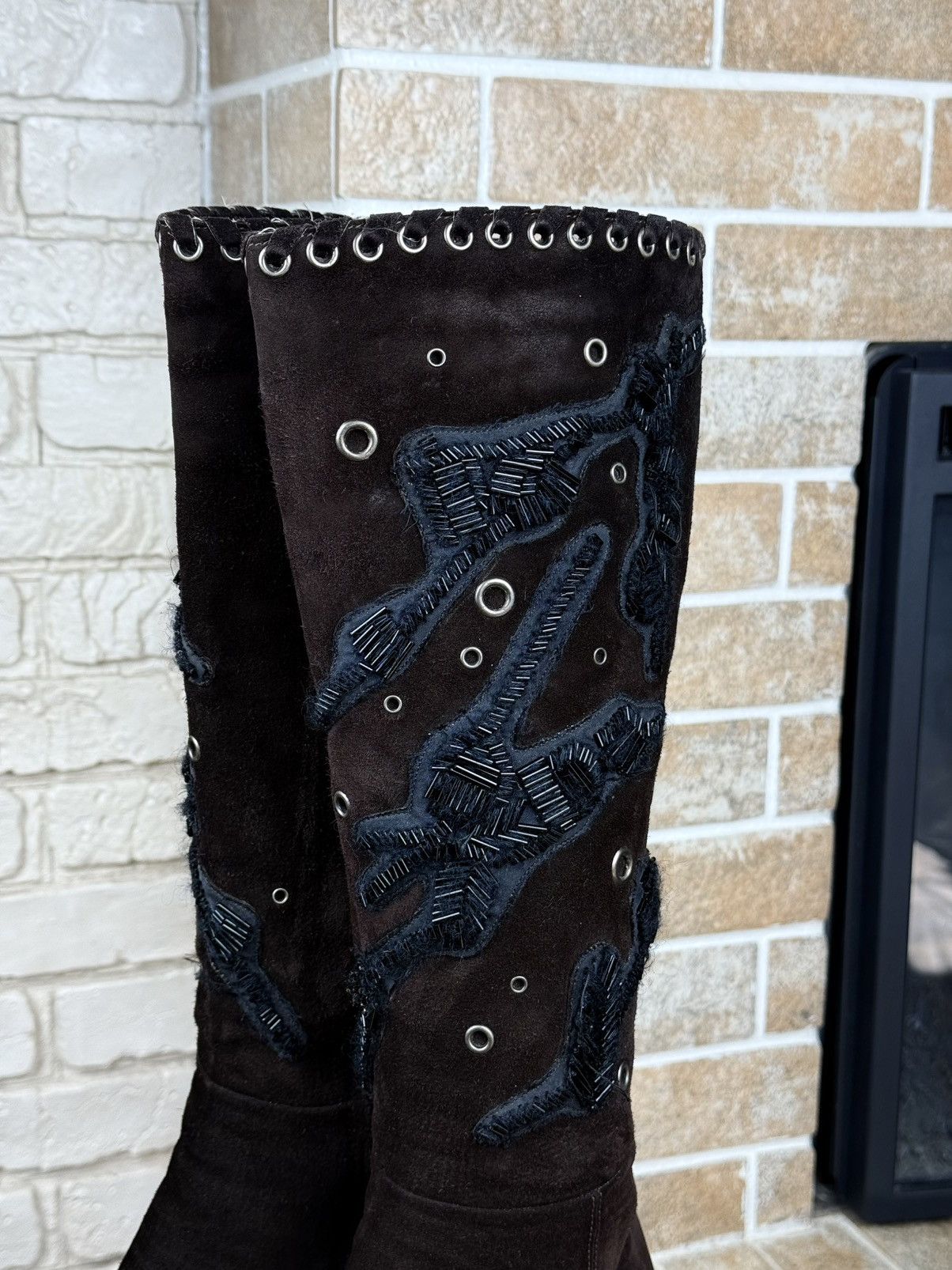 Prada × Vintage Prada Brown Suede Beads Knee High Heels Boots Size US 9 / IT 39 - 4 Thumbnail