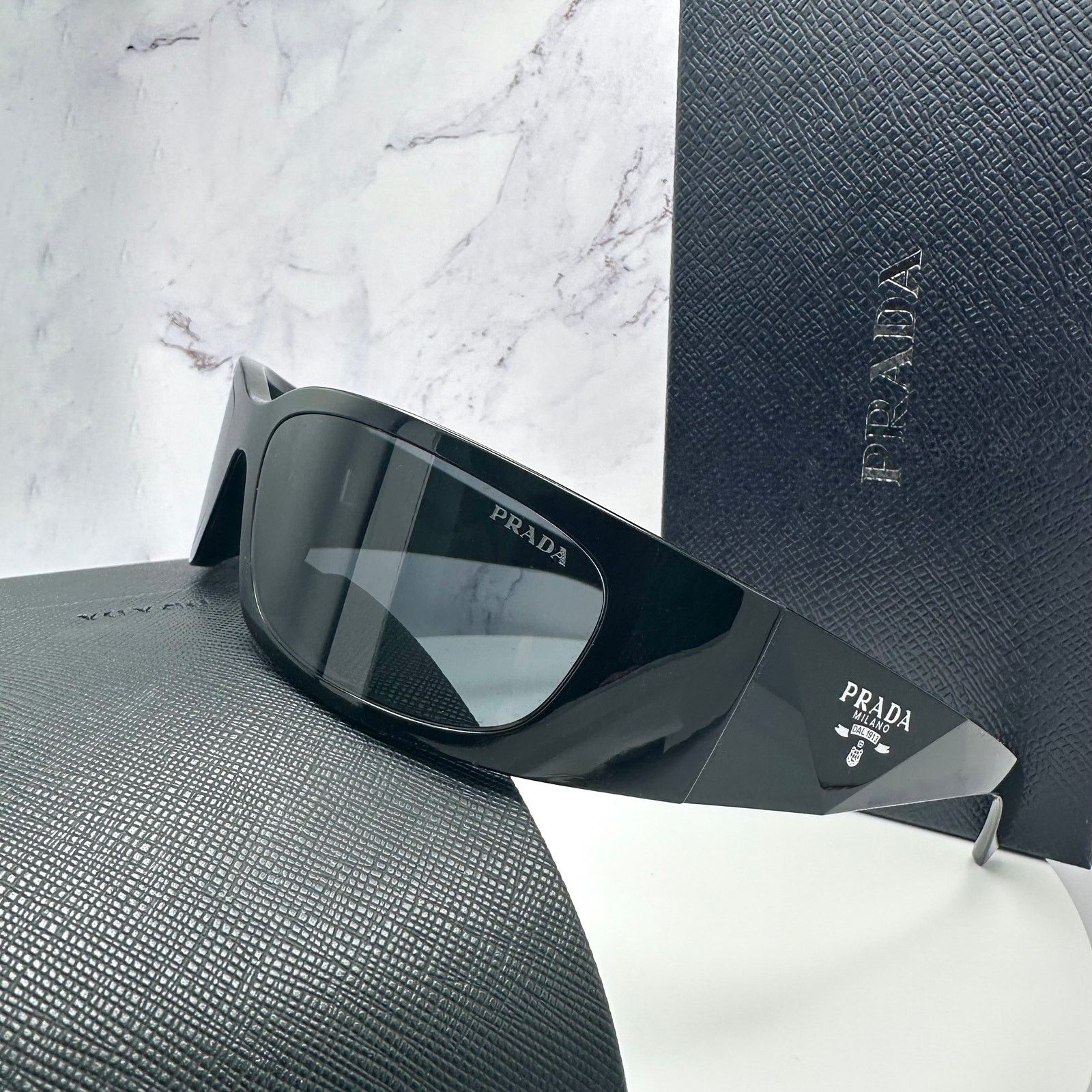 New Prada Sunglasses Black Symbole Logo Wrap