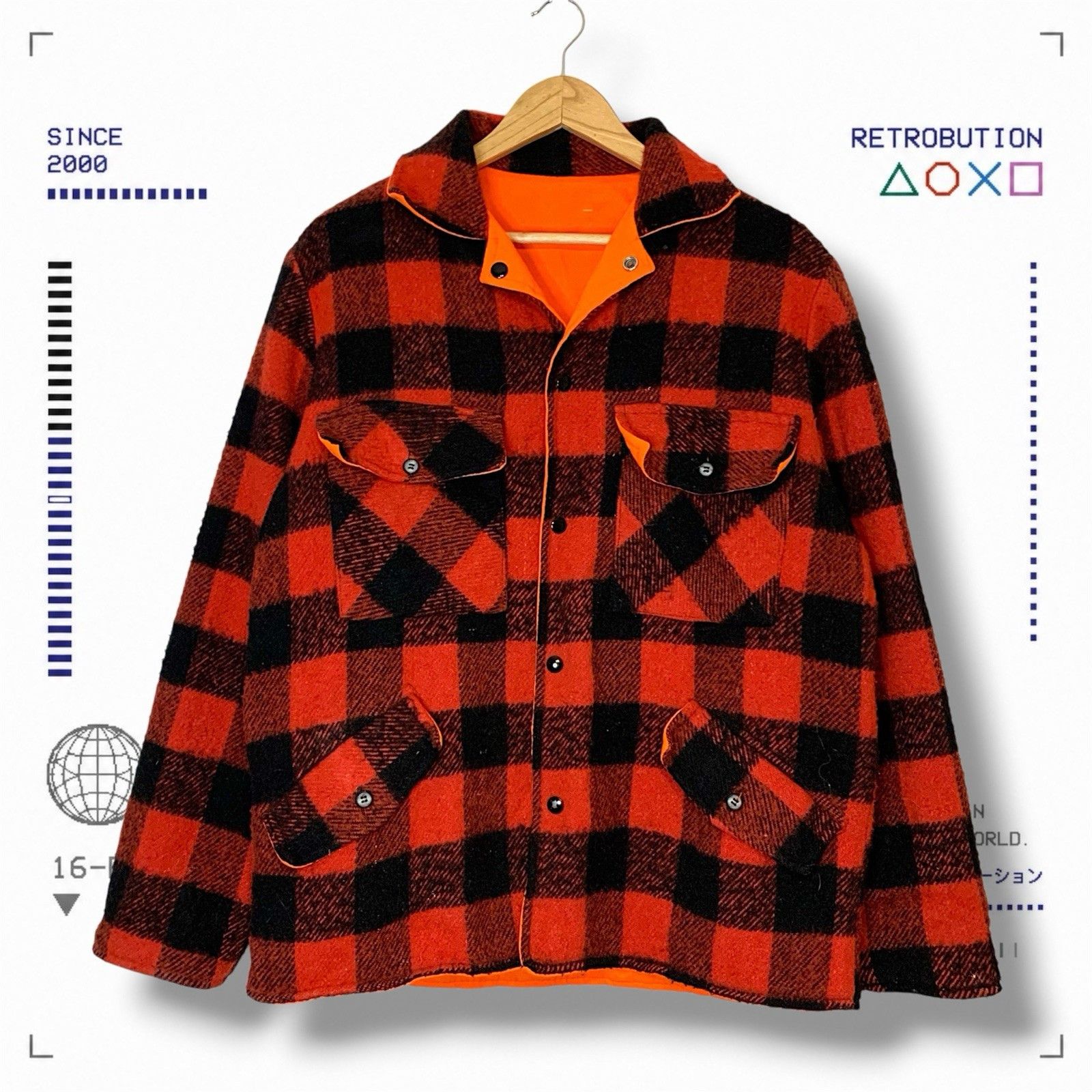 Vintage Vintage 80s Wool Plaid Reversible Jacket Red Orange Size XL Size US XL / EU 56 / 4 - 1 Thumbnail