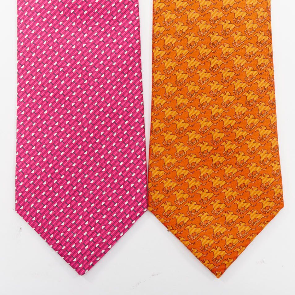 Hermes HERMES Set of 2 100% silk pink geometric orange horse rider pattern dress tie Size ONE SIZE - 1 Thumbnail