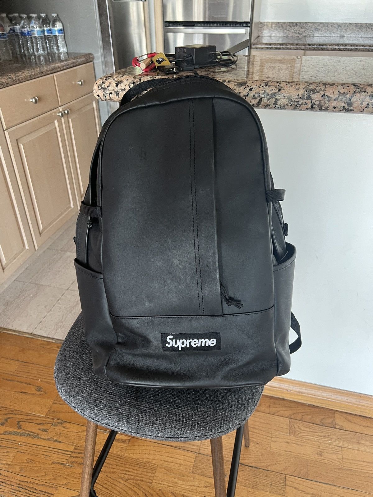 Black leather supreme backpack online