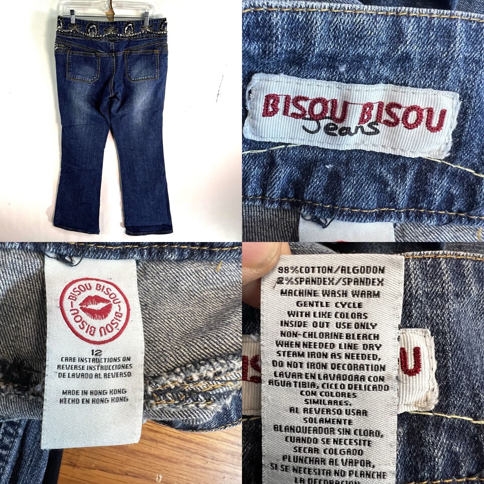 Vintage VINTAGE BISOU BISOU Women's Bootcut Jeans 12 Blue 90s Embellished Rhinestone Floral Denim Spandex Size 34" / US 12 / IT 48 - 8 Thumbnail