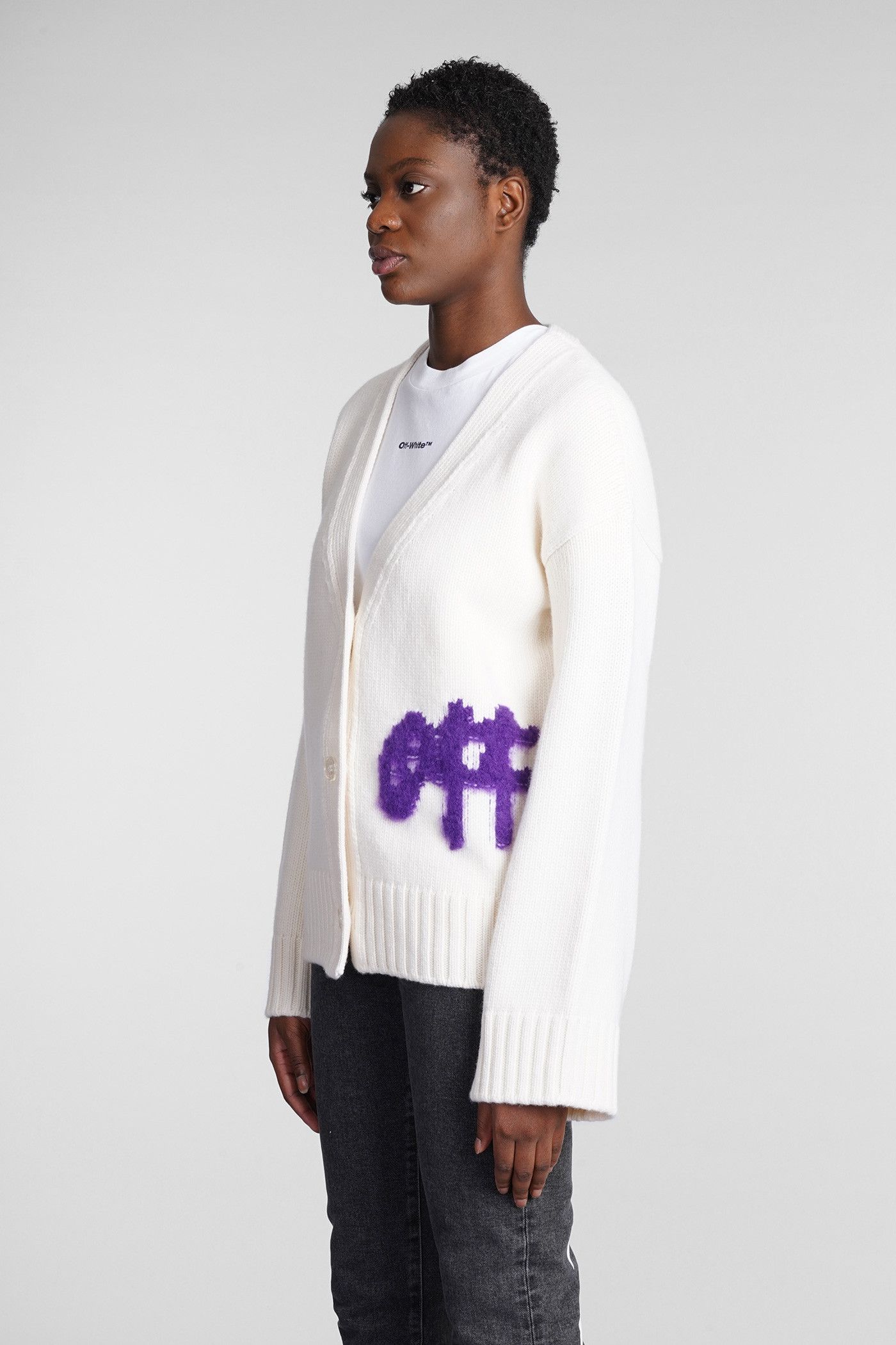 Off-White o1gr1nt1124 Logo Intarsia Cardigan in White Size XS / US 0-2 / IT 36-38 - 4 Thumbnail