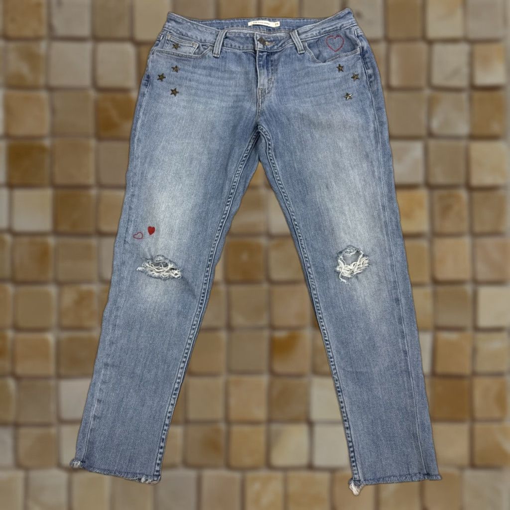 Levi's Levi's 535 Super Skinny Crop Jeans Stars Hearts Distressed Cropped Raw Hem 29 Size 29" - 1 Thumbnail