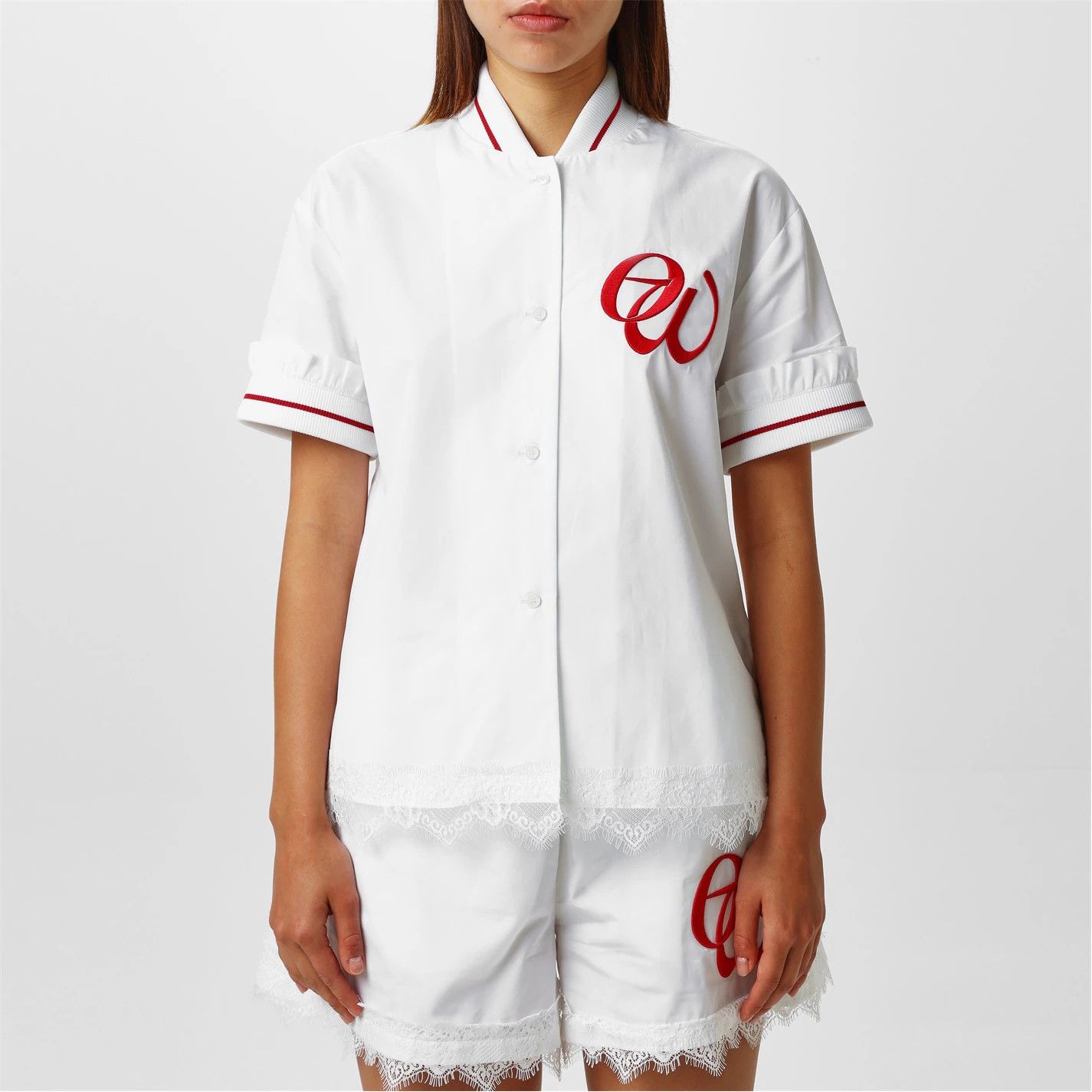 Off-White o1g2r1mq0125 Embroidered Baseball Shirt in White & Red Size M / US 6-8 / IT 42-44 - 4 Thumbnail