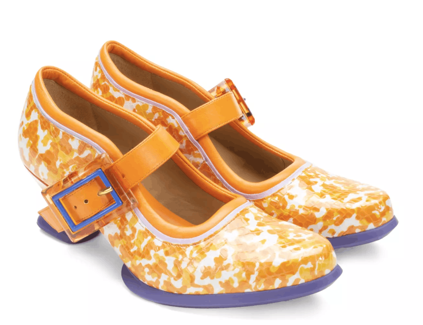 image of John Fluevog - Sole Talk Leonora Mary Jane Heel Shoes in Orange Purple, Women's (Size 6)