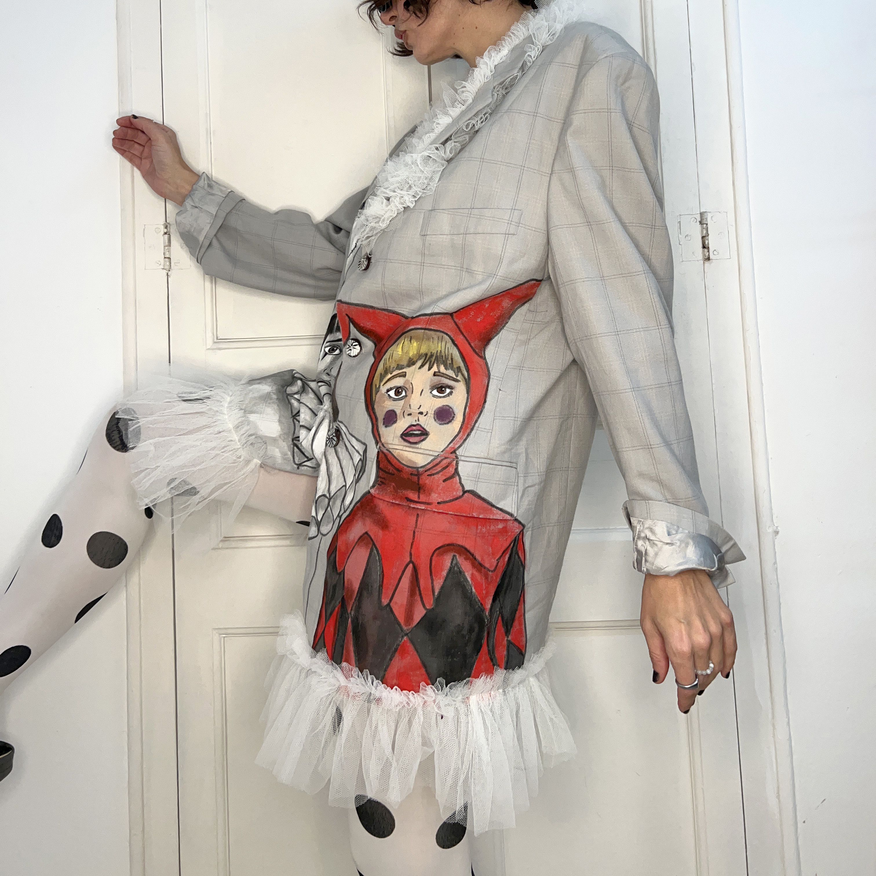Custommade Hand-Painted Wool Harlequin Pierrot Blazer Size XL / US 12-14 / IT 48-50 - 5 Thumbnail