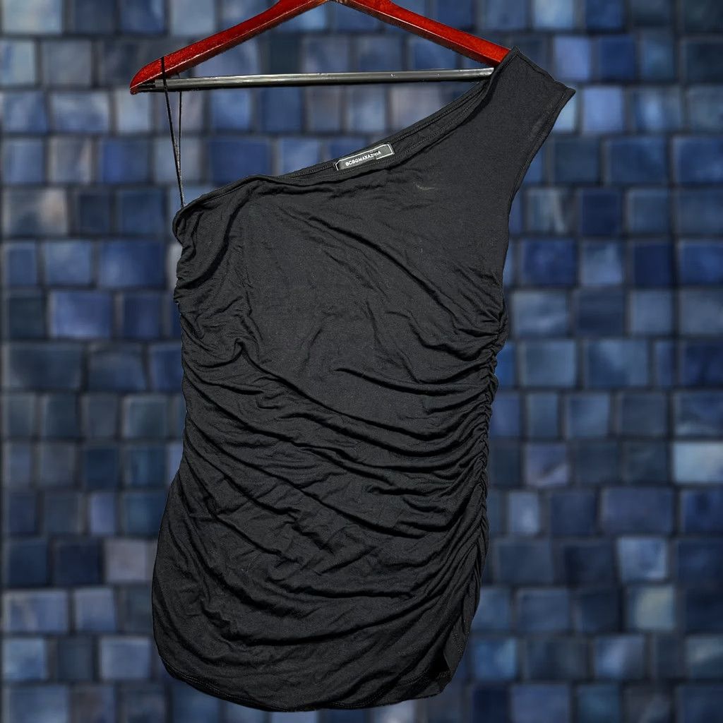 Bcbgmaxazria BCBGMAXAZRIA Top Womens Medium Black One Shoulder Ruched Sleeveless Tank Pullover Casual Party/Cocktail Modern Classic Knit Rayon Spandex Size M / US 6-8 / IT 42-44 - 1 Thumbnail