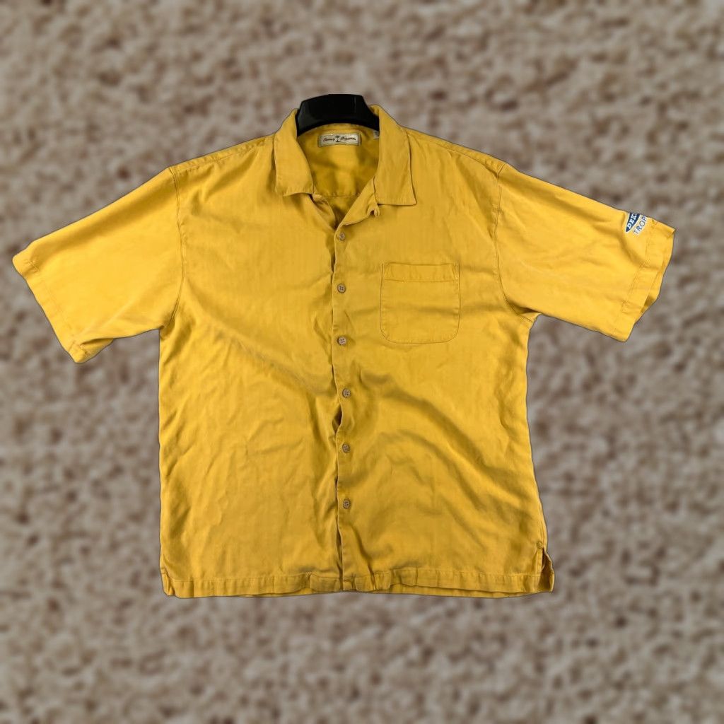 Tommy Bahama Tommy Bahama Shirt Men Extra Large Yellow Herringbone 100% Silk Hawaiian Button Mens Size US XL / EU 56 / 4 - 1 Thumbnail