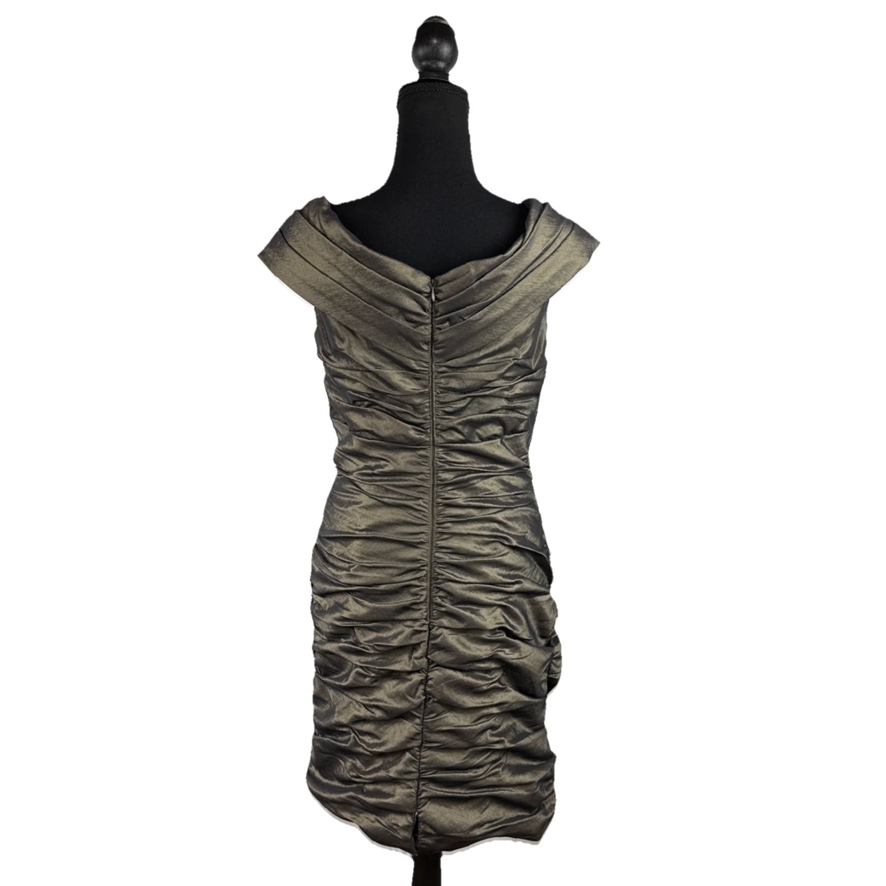 Vintage DAVID'S BRIDAL Off Shoulder Bodycon Dress 10 Gray Jeweled Ruching Womens Size L / US 10 / IT 46 - 2 Thumbnail