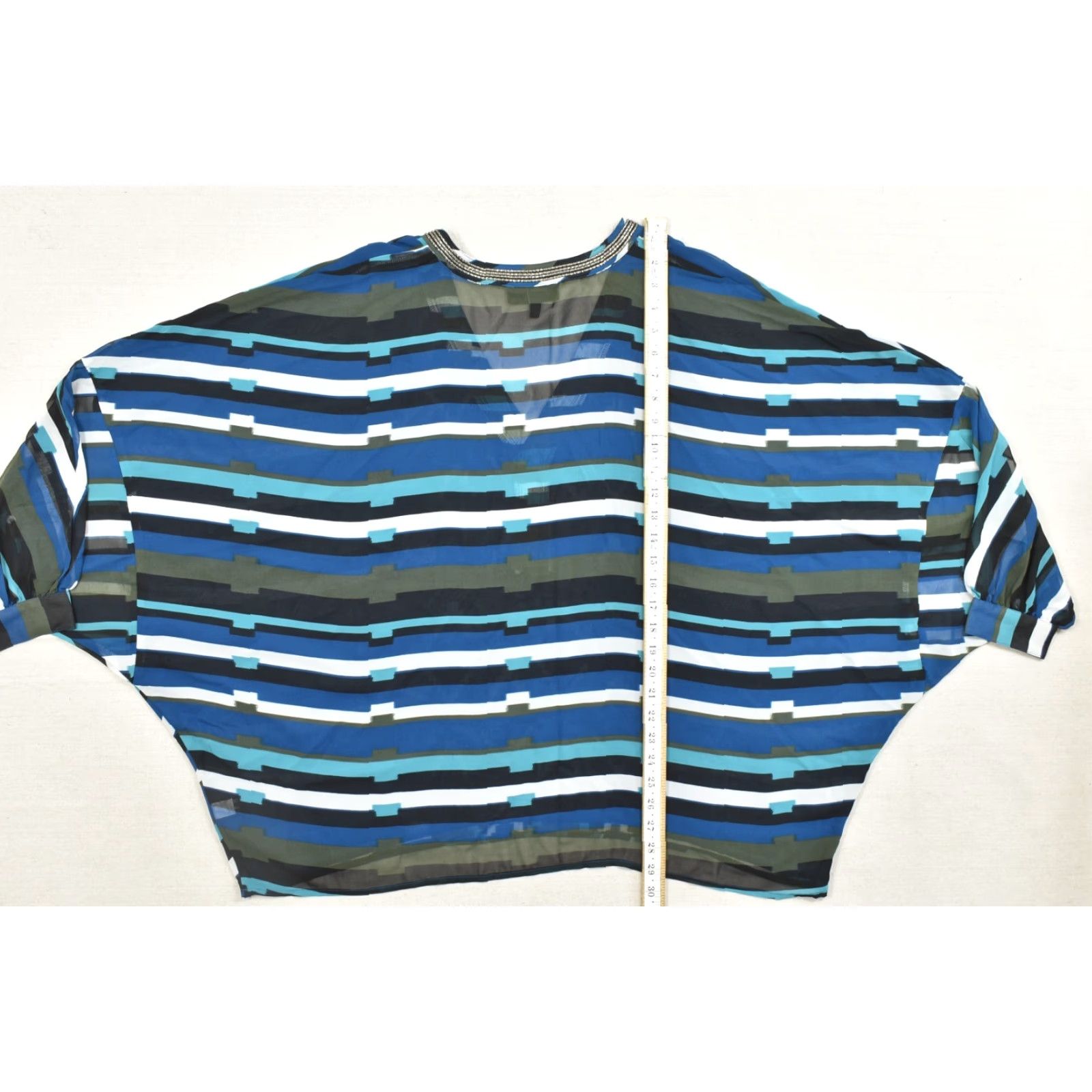 Vintage Lane Bryant Top Womens 18/20 Blue Geometric Striped V-Neck Beaded Trim Dolman Shirt Size XXL / US 16-18 / IT 52-54 - 4 Thumbnail